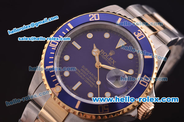 Rolex Submariner Swiss ETA 2836 Steel Case with Blue Bezel/Dial and 18K Yellow Gold Strap - Click Image to Close